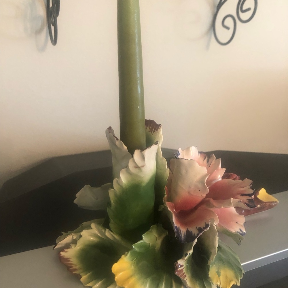 Hand-Painted  Vintage Capodimonte Italian Floral Candle Holder in Green and Pink